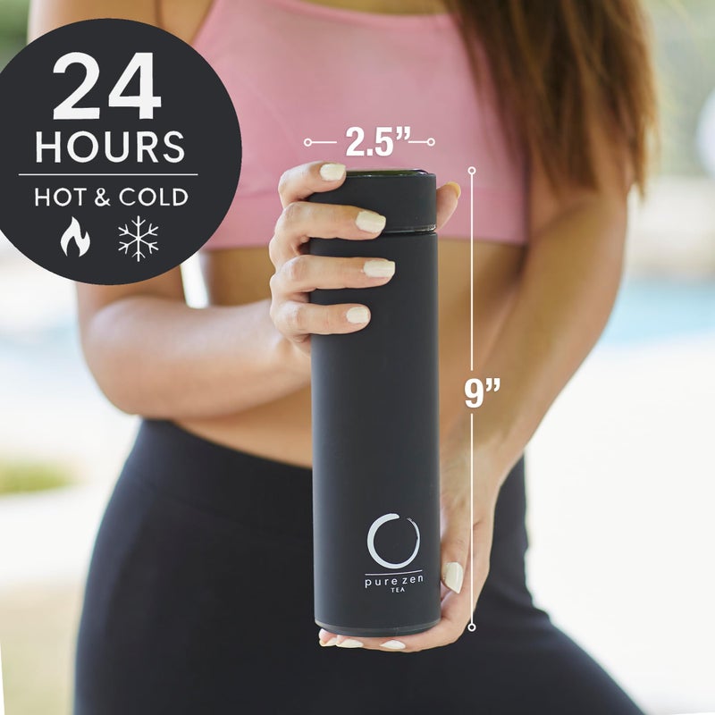Pure Zen Tea Thermos with Infuser for Hot and Cold Infusions, Coffee and Fruit-Infused Water - Stainless Steel - Tea Infuser Bottle - Leakproof Travel Mug with Filter - 15oz - Black - Image 2